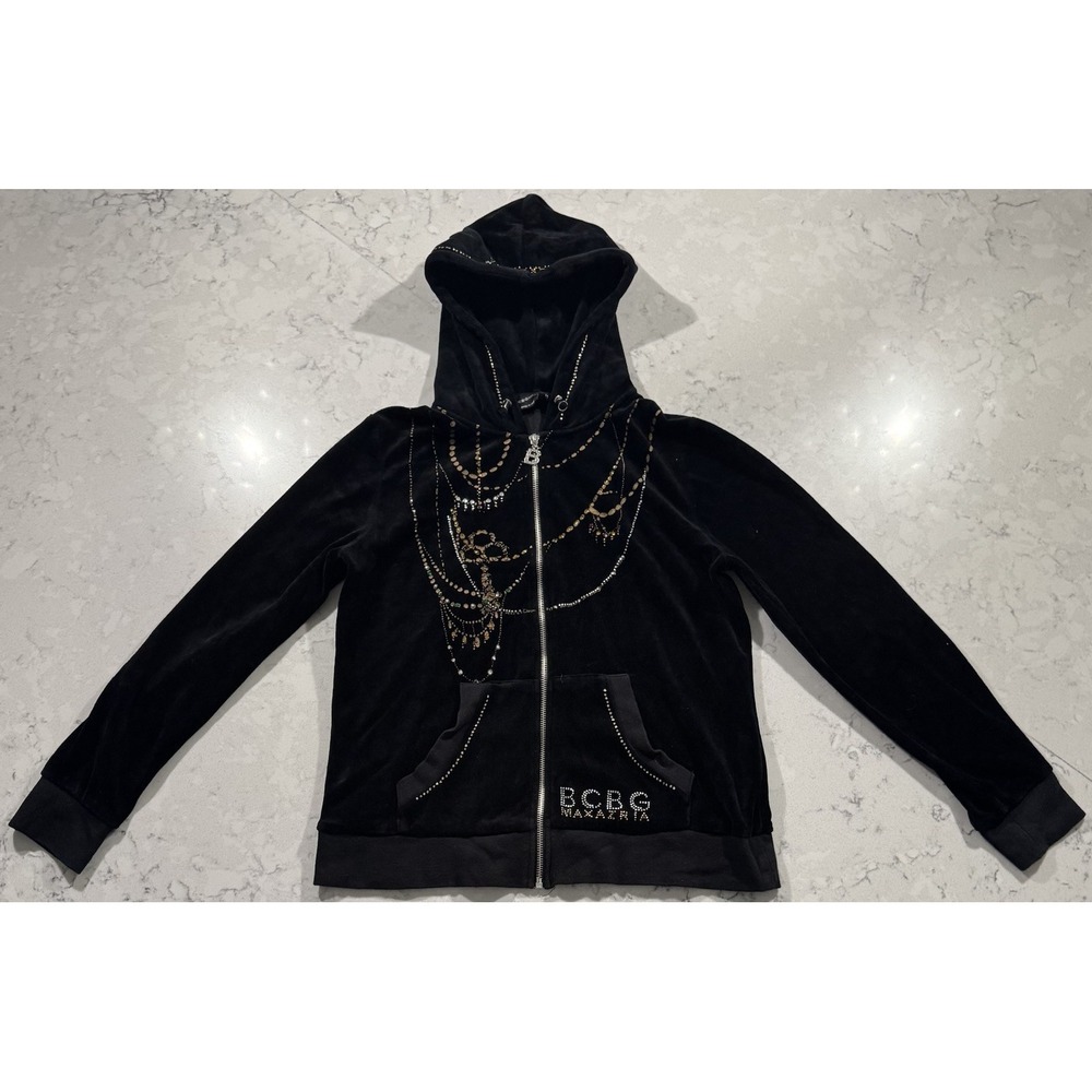 VTG Y2K BCBG Max Azria Velour Hoodie‎ Jacket Womens Large Black Full Zip Bling